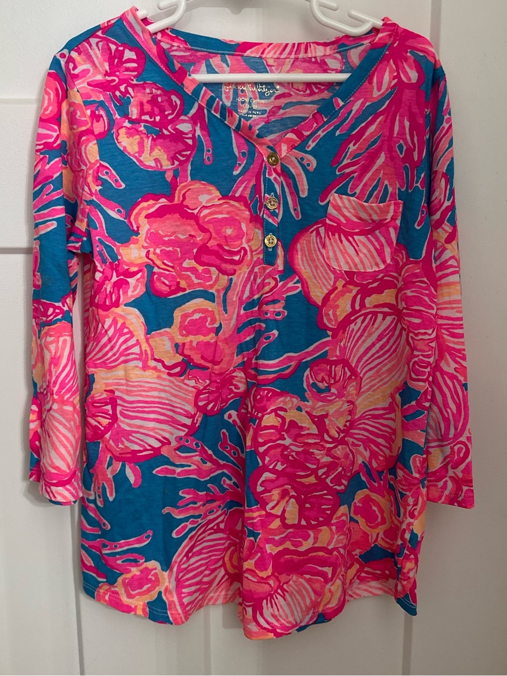Lilly Pulitzer Girls Blue Pink Yellow Floral Henley Top